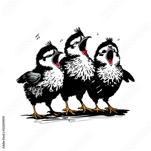 Lustige singende Küken für Ostern und die Ostertage. Vektor Tier Design im Frühling.