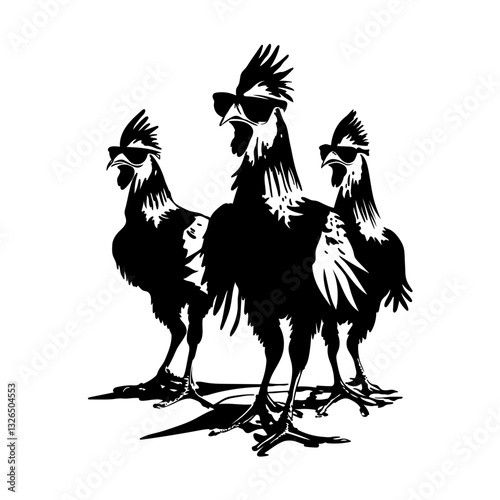 Lustige Hühner, Hahn mit Sonnebrille für Ostern und die Ostertage. Vektor Tier Design im Frühling.