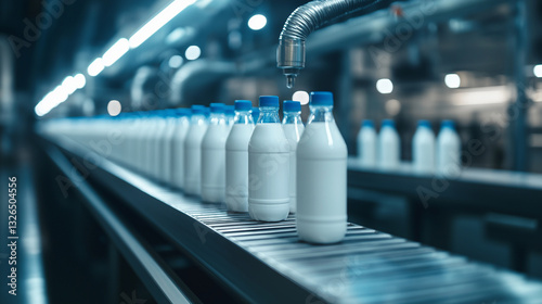 A fully automated dairy plant with transparent pipes overhead, feeding fresh milk into bottles as they move efficiently along a sleek conveyor system. photo