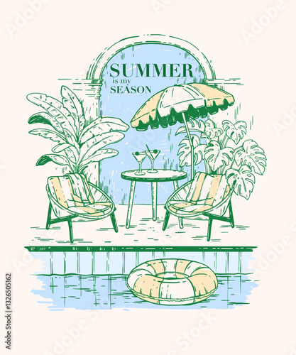 Summer resort vintage poster, vector hotel swimming pool retro illustration, lounger chair, table. Tropical vacation rest, exotic plant, umbrella, hand drawn paradise luxury spa print. Summer poster