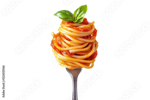 A single fork holding a twirled portion of spaghetti with tomato sauce and basil on a white background