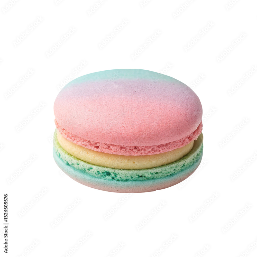A colorful macaron featuring pink, yellow, and blue layers, showcasing a delicate and sweet pastry design isolated on transparent background. A colorful macaron featuring pink, yellow, and blue layers, showcasing a delicate and sweet pastry design isolated on transparent background.