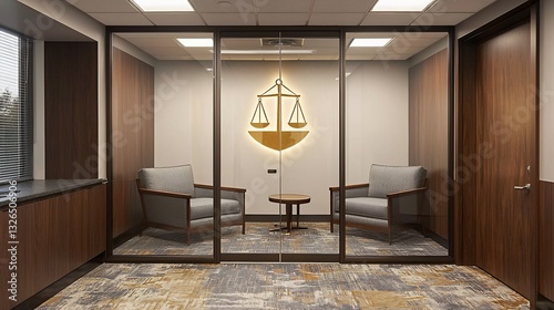 High end law firm entrance with an elegant glass door and a golden justice emblem