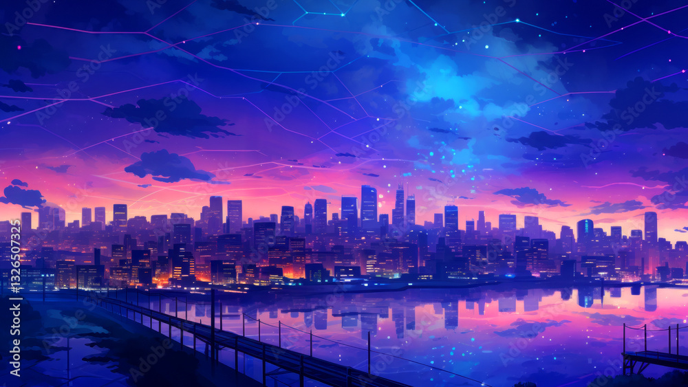 Fototapeta premium Futuristic cityscape at dusk with colorful neon sky and reflections