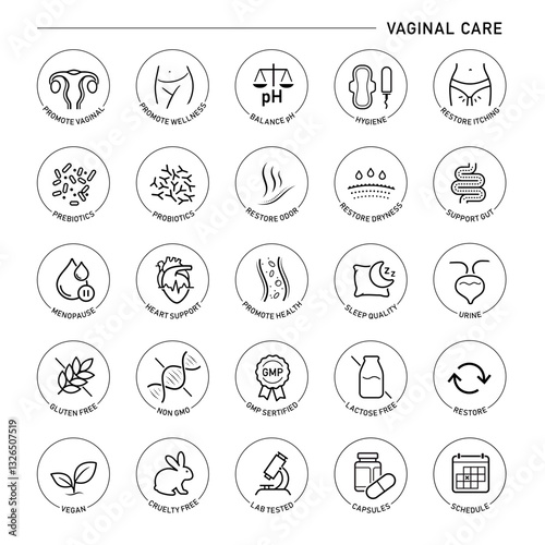Woman vaginal care set icons. The outline icons are well scalable and editable. Contrasting elements are good for different backgrounds. EPS10.