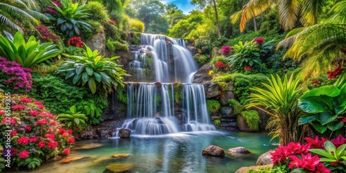 A serene tropical garden oasis with a cascading waterfall surrounded by lush greenery and vibrant flowers , nature scenery, idyllic