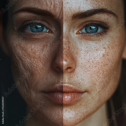 a close-up of a woman’s face, left side showing bad fine lines and wrinkles that are making her skin saggy,her skin is melting dull tone,right side showing smooth, radiant, youthful skin natural glow