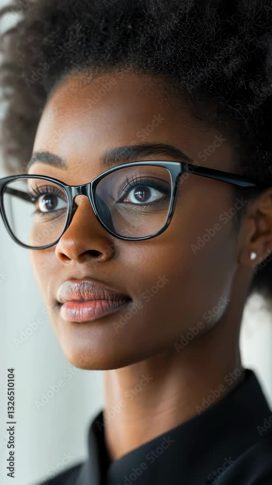 Confident woman in glasses with a thoughtful expression, focusing on her goals and future in a bright, inspiring setting, 4k vertical video Confident woman in glasses with a thoughtful expression, focusing on her goals and future in a bright, inspiring setting, 4k vertical video