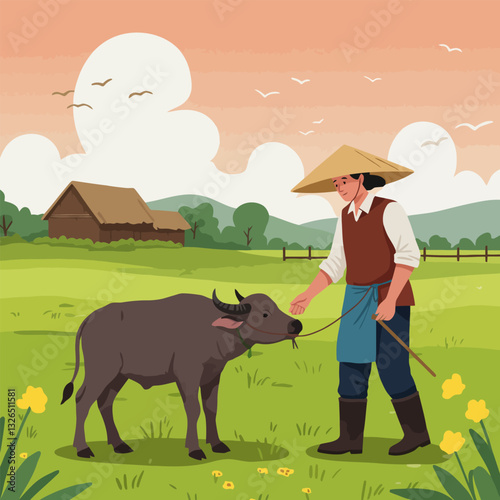 Farmer Guiding Buffalo in Rural Field with Traditional Asian House
