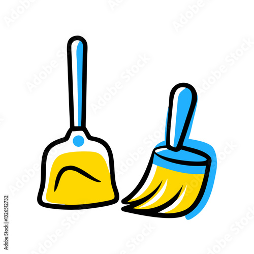 Efficient cleaning tools for home maintenance: yellow broom and dustpan for easy cleanup