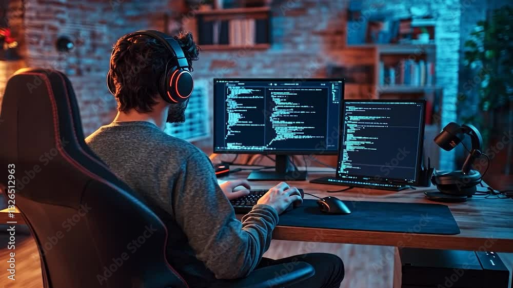 Night Coder: Focused Programmer Working Late on Software Development Night Coder: Focused Programmer Working Late on Software Development