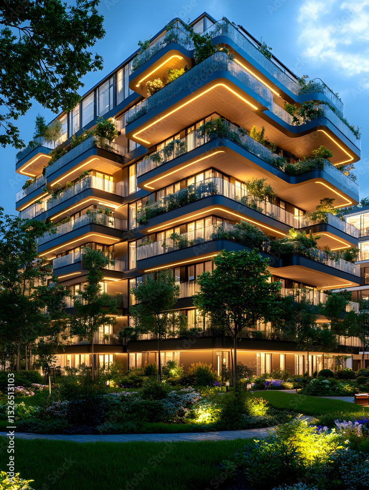 Modern apartment building with lush greenery