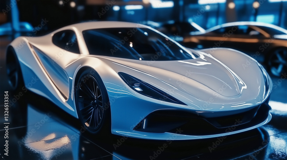 White exotic supercar with aerodynamic design in luxury showroom. Premium high-performance sports vehicle with sleek futuristic styling displayed in professional automotive retail environment. White exotic supercar with aerodynamic design in luxury showroom. Premium high-performance sports vehicle with sleek futuristic styling displayed in professional automotive retail environment.