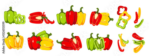 Collection of bell peppers. Sweet, yellow, green, red pepper, paprika. Whole pepper, slices, wedges. Vector illustration on a white background.