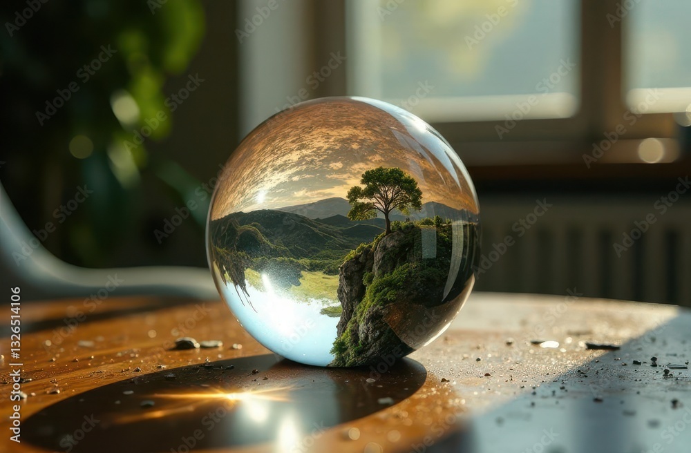 Creative visualization of nature encapsulated in a glass orb on a wooden table