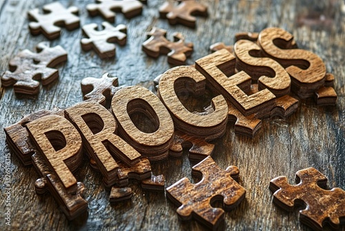 Wooden jigsaw pieces and letters spell out the word process