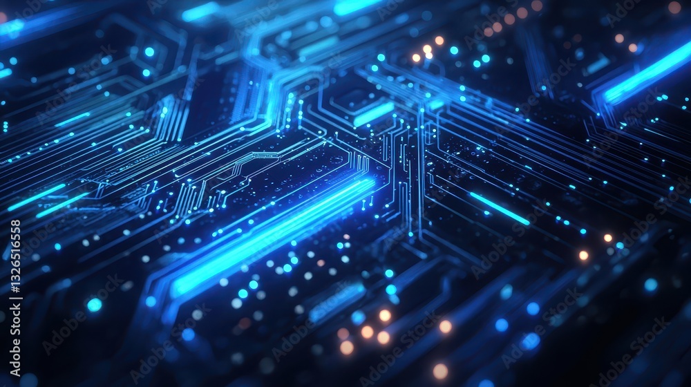 Abstract Technology Circuit Board with Blue Neon Lights and Patterns