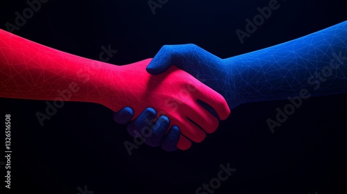  Handshake of two hands in red and blue colors on a dark background with a polygonal wireframe mesh pattern, a digital technology concept.