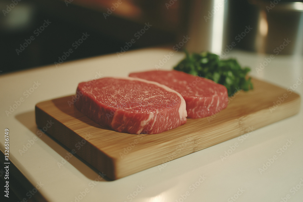 Appetizing Steak Preparation: Two raw, succulent steak cuts sit on a wooden cutting board alongside fresh herbs, ready for the culinary experience. A scene of high quality food and freshness. Appetizing Steak Preparation: Two raw, succulent steak cuts sit on a wooden cutting board alongside fresh herbs, ready for the culinary experience. A scene of high quality food and freshness.