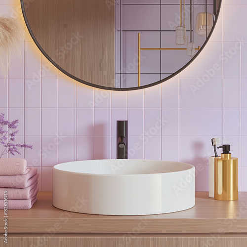 Bright bathroom with round mirror, modern washbasin and faucet and pastel decor. Modern bathroom decor concept