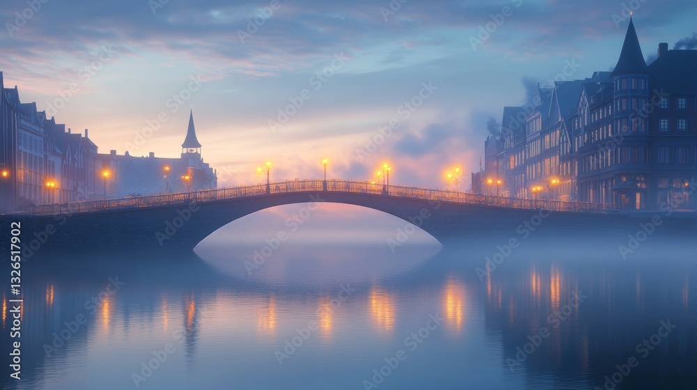 Naklejka premium Stunning norwegian bridge at sunset with reflections and fog over the serene sea in a cityscape