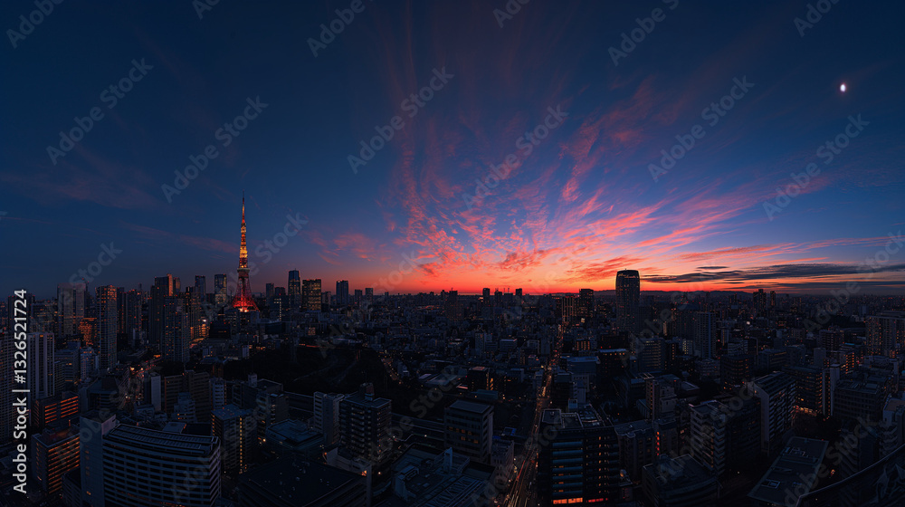Fototapeta premium Panoramic view of Tokyo's skyline at sunset.