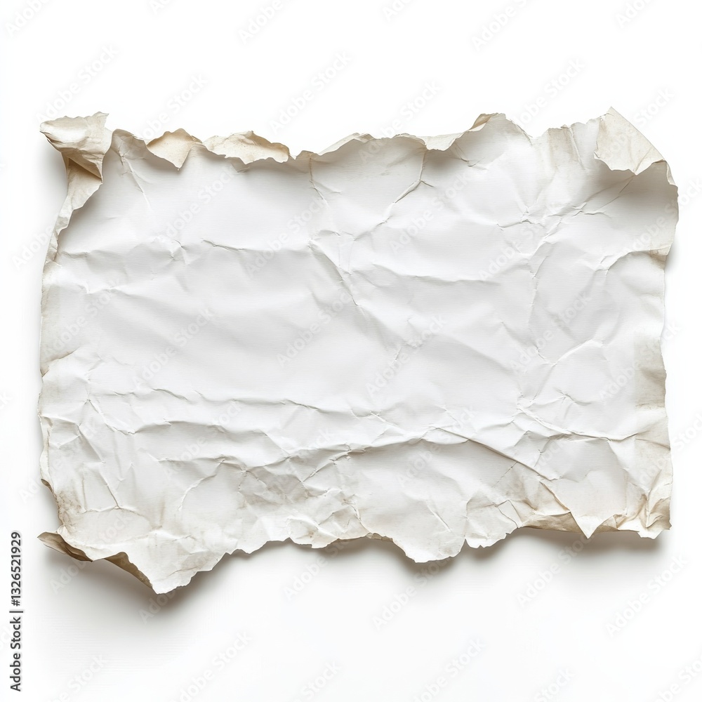 Obraz premium Crumpled White Paper Texture with Torn Edges, Ideal for Backgrounds and Overlays in Graphic Design Projects