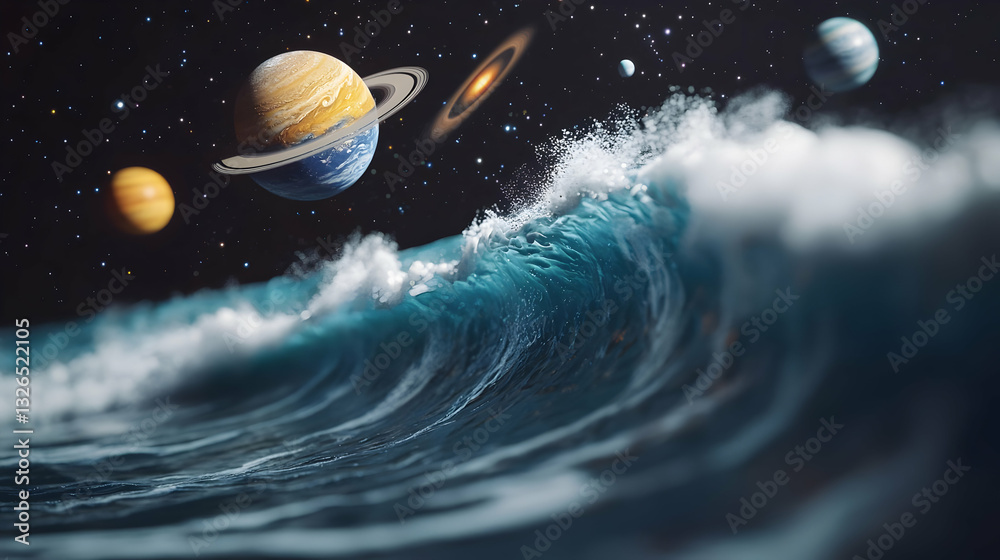 Naklejka premium The image combines space and ocean imagery, featuring planets above a large wave