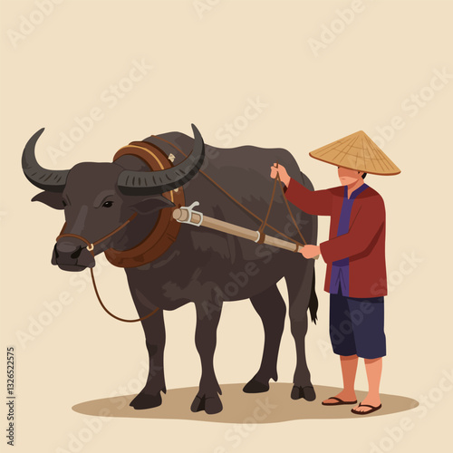 Asian Farmer with Water Buffalo for Plowing and Agriculture Concept