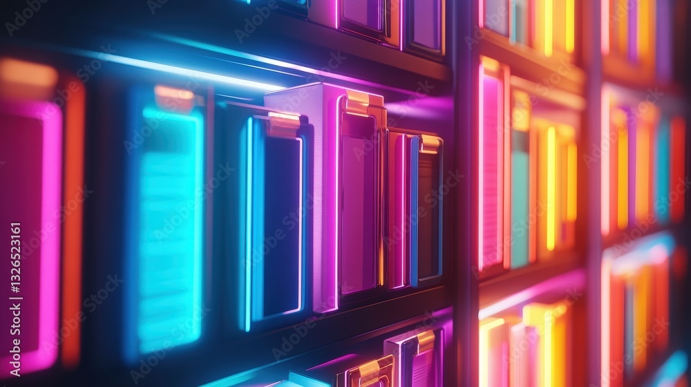 Fototapeta premium A vibrant bookshelf illuminated with neon colors, showcasing a variety of books in a visually striking arrangement.
