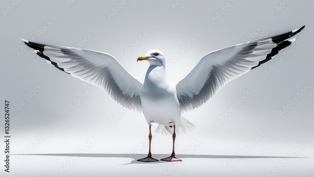 Obraz premium Majestic White Seagull with Outstretched Wings Against a Bright White Background