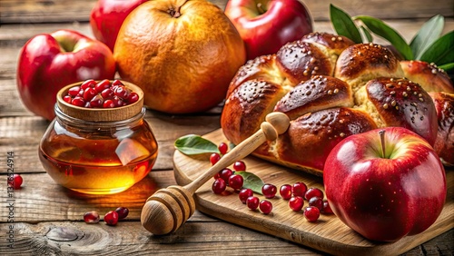 Rosh Hashanah's bounty:  apples dipped in honey, pomegranate seeds, and fragrant challah bread usher in a sweet new year.