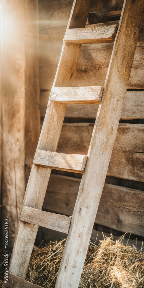 Rustic wooden ladder bathed in sunlight against weathered barn wall with hay Rustic wooden ladder bathed in sunlight against weathered barn wall with hay