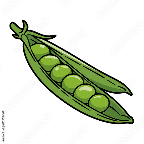 Cartoon-Style Green Pea Pod with Peas Inside