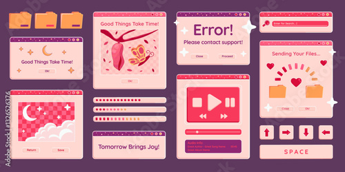 Glossy cute computer windows and screens with text, messages and other user interface elements. Technology stickers. Vector design element set.