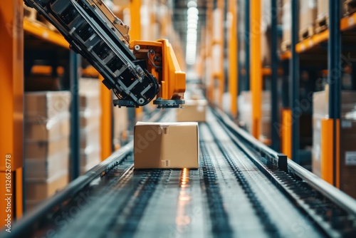 Close up of automated robot retrieving package in modern warehouse setting Generative AI
