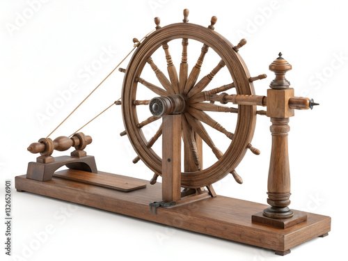 Traditional spinning wheel (charkha) made of wood, isolated on a white background, detailed and historical