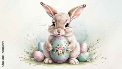 Adorable Easter bunny cradling decorated egg in watercolor