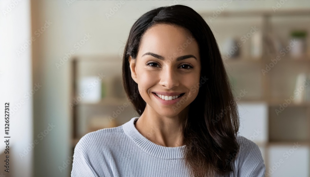 Close up headshot portrait of smiling 30s Caucasian woman look at camera posing in own flat or apartment Close up headshot portrait of smiling 30s Caucasian woman look at camera posing in own flat or apartment