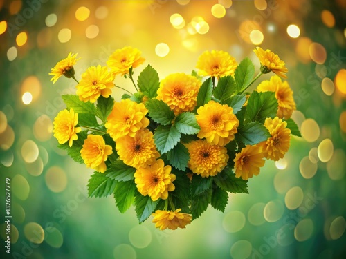 Spring's sweet embrace: a heart-shaped bouquet of yellow flowers, blurred background, romantic.