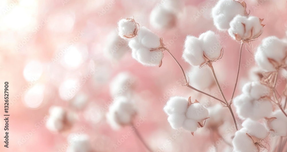Fototapeta premium Blooming Cotton Plant on Soft Pink Background Creates a Serene Atmosphere