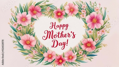 Hand-painted Mother's Day card with floral heart wreath and calligraphy
