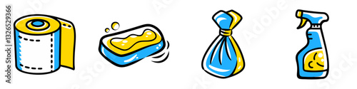Mold cleaner spray bottle, soap bar, toilet roll and trash bag tied icon set for home cleaning service