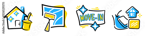 Simplified house cleaning service, move out cleaning service, move-in cleaning service and window cleaning service icon set for housekeeping solutions and cleaning service website design