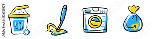 Innovative electric mop, laundry dryer, rubbish bag and  trash compactor icon set for cleaning service web site