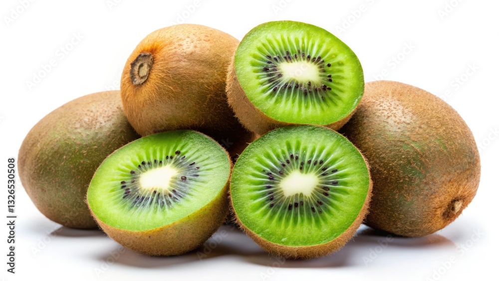 Fototapeta premium Top view of vibrant, isolated kiwis against a stark white backdrop. High-resolution stock photo.