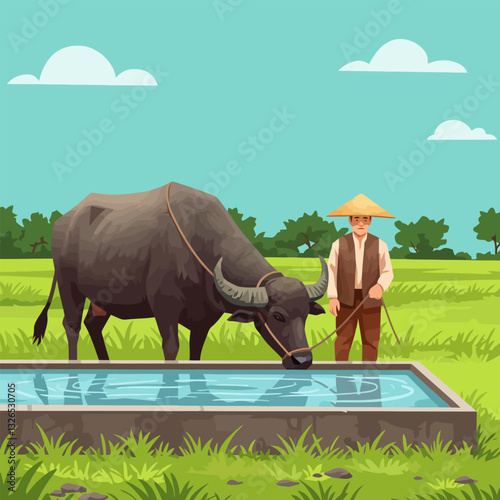 Water Buffalo Drinking Water with Farmer in Asian Rural Scene