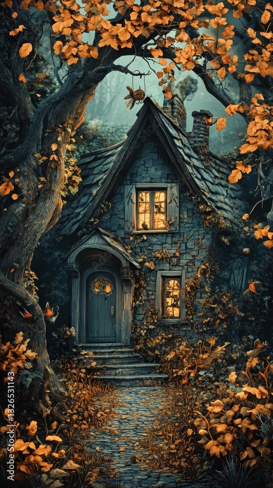 Fototapeta premium A charming cottage nestled within a forest of autumnal hues