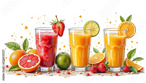 Watercolor illustration of glasses of juice in bright colors