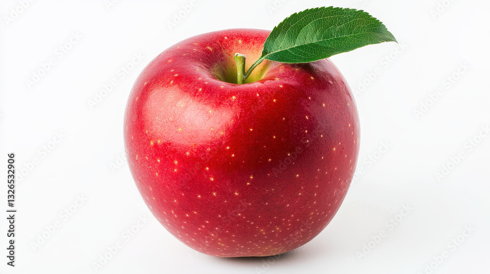vibrant red apple with single green leaf on white background vibrant red apple with single green leaf on white background